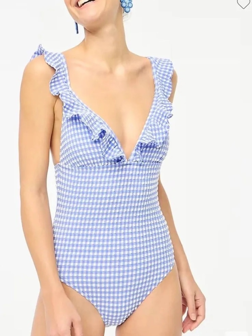 NWOT J. Crew Ruched Ruffle One-piece Swimsuit in Seersucker size 10